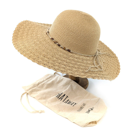 Folding Wide Brim Travel Sun Hat - Dark Beaded Band