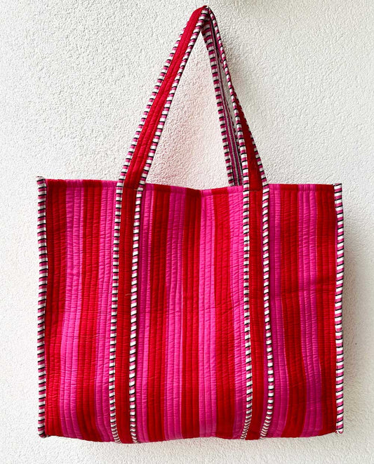 Pink Stripe Cotton Beach Tote Bag